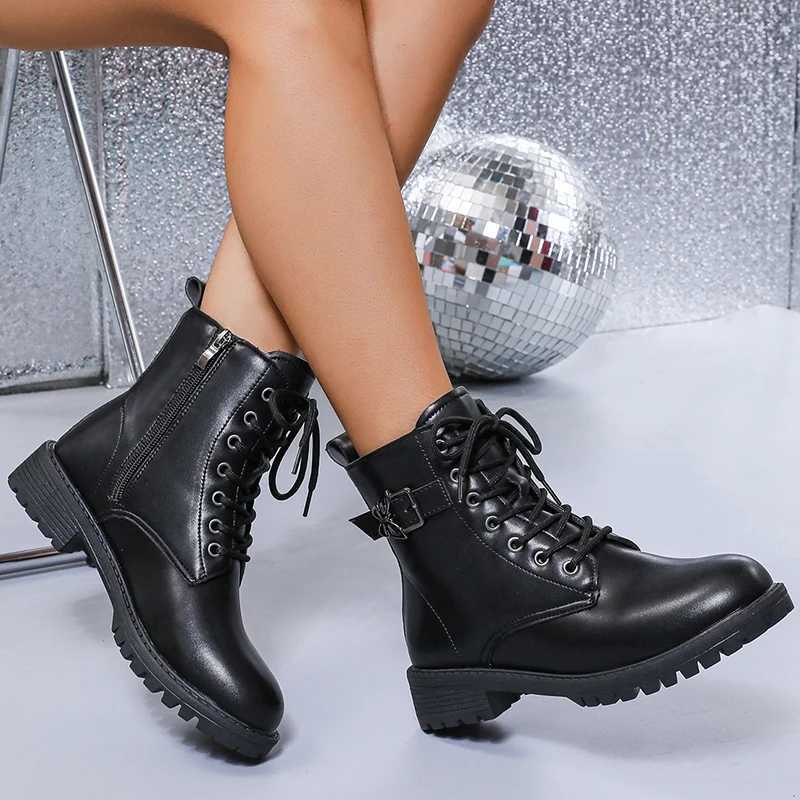 Punk Butterfly Buckle Ankle Boots Women Black Pu Leather Lace Up Motorcycle Boots Woman N Slip Platform Combat Botas Mujer 42XJ250217