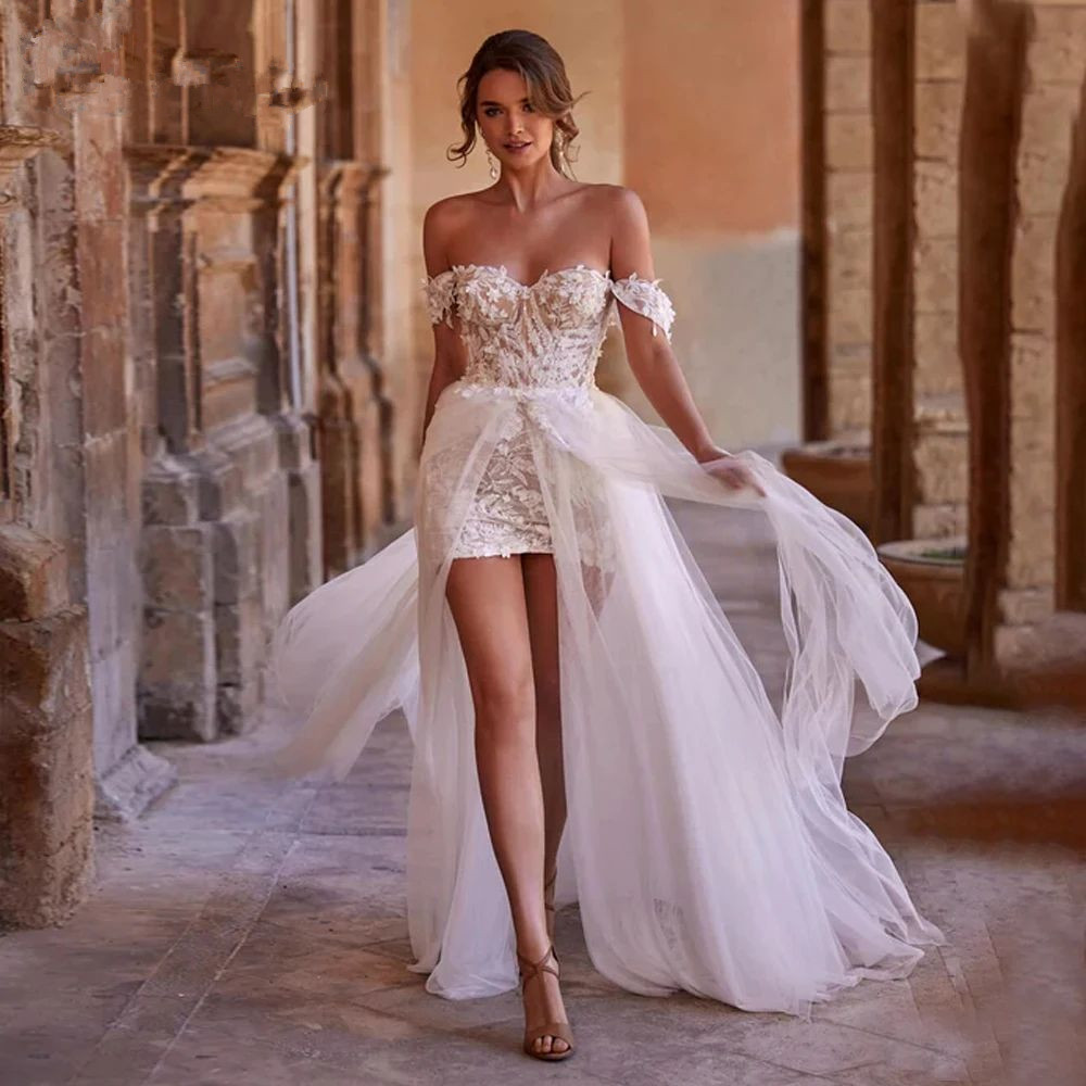 Short Wedding Dress Mini Off the Shoulder Backless Appliques Detachable Train Wedding Gown For Women 2025 Bride Bridal Reception Dress Vestido De Noiv