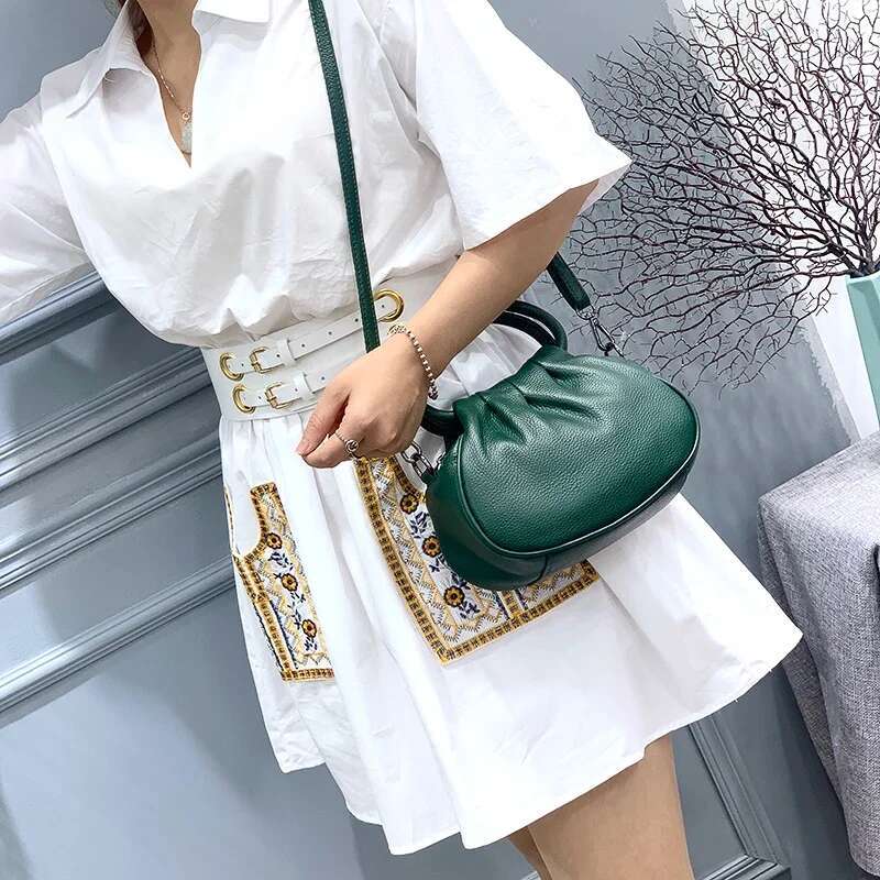 Ruched Design Cowhide Leather Shoulder Bags For Women Handbags 100% Real Skin Hobo Crossbody Bag Small Mother Purse