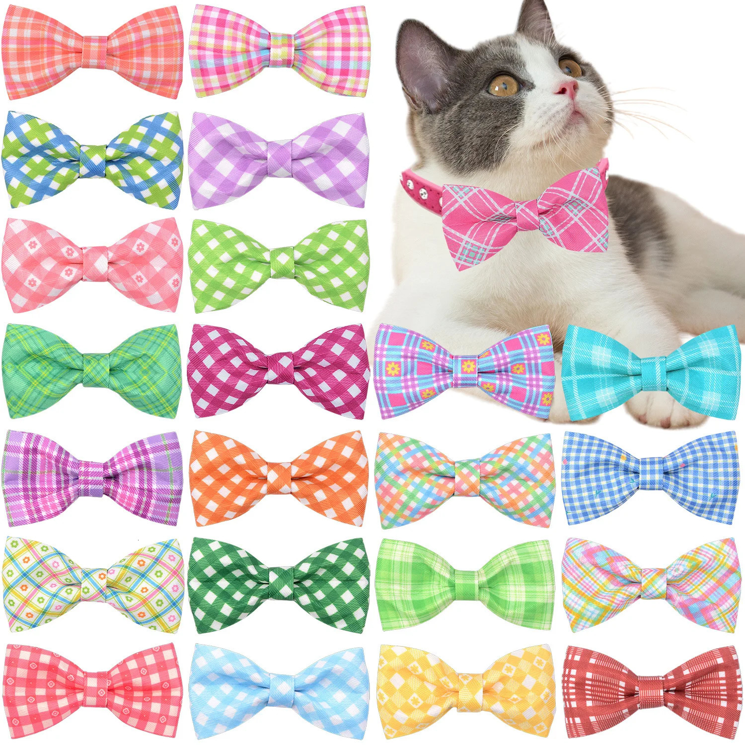 50/100pcs Spring Plaid Style Dog Bowtie Removable Dog Bows Dog Collar Accessories Pets Grooming Accessories Dog Supplies 250218