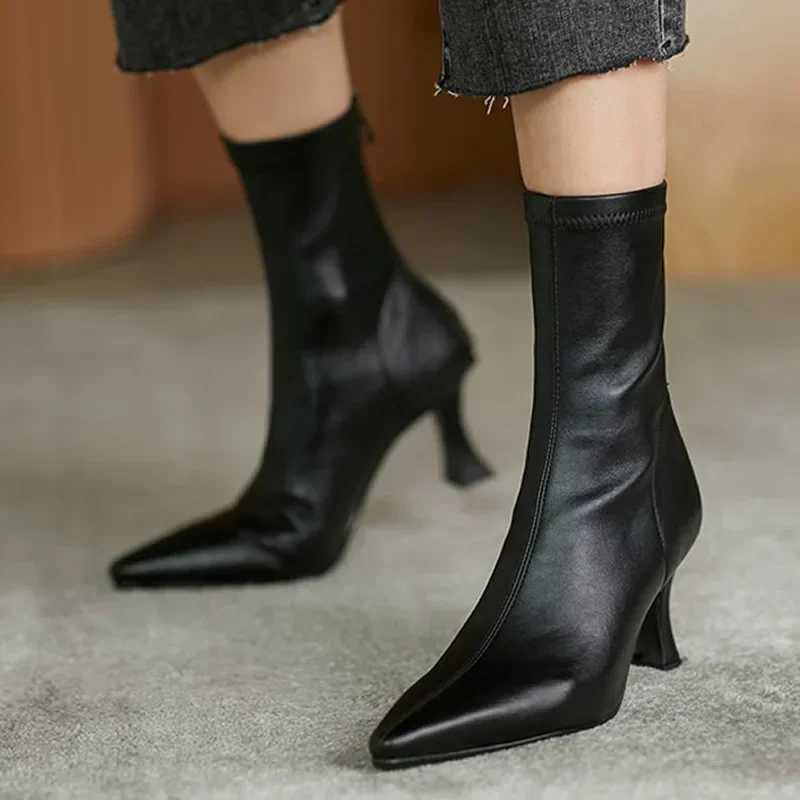 Winter Short Plush Ankle Boots for Women Fi Sexy Pointed Toe Elastic Boots Famele Soft Leather Stiletto Heels Botines MujerXJ250217