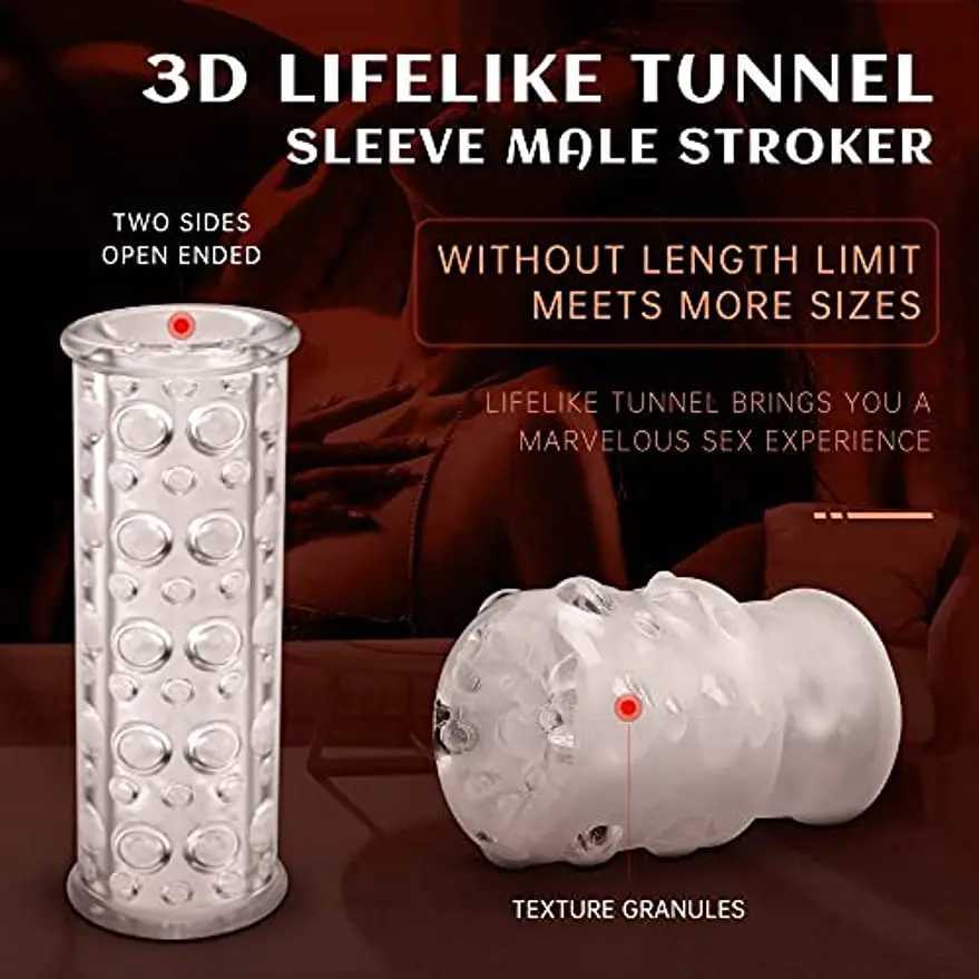 Clear Male Masturbator Cup Men Stroker Dual Open-Ended Soft TPE Sleeve with Textured Tunnel Pussy Stroker Sex Toys PenisXJ250218
