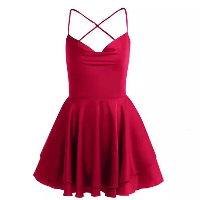 2024 European and American clothing summer sexy fashion satin backless strap suspender ruffled A-hem dress 250217