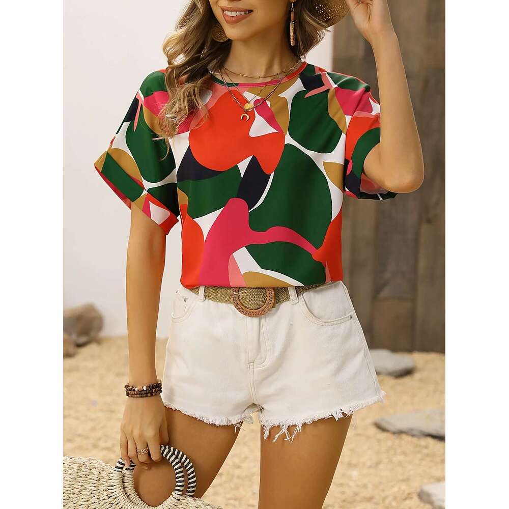 New Elegant Red Short Sleeved Shirt, Women's Clothing