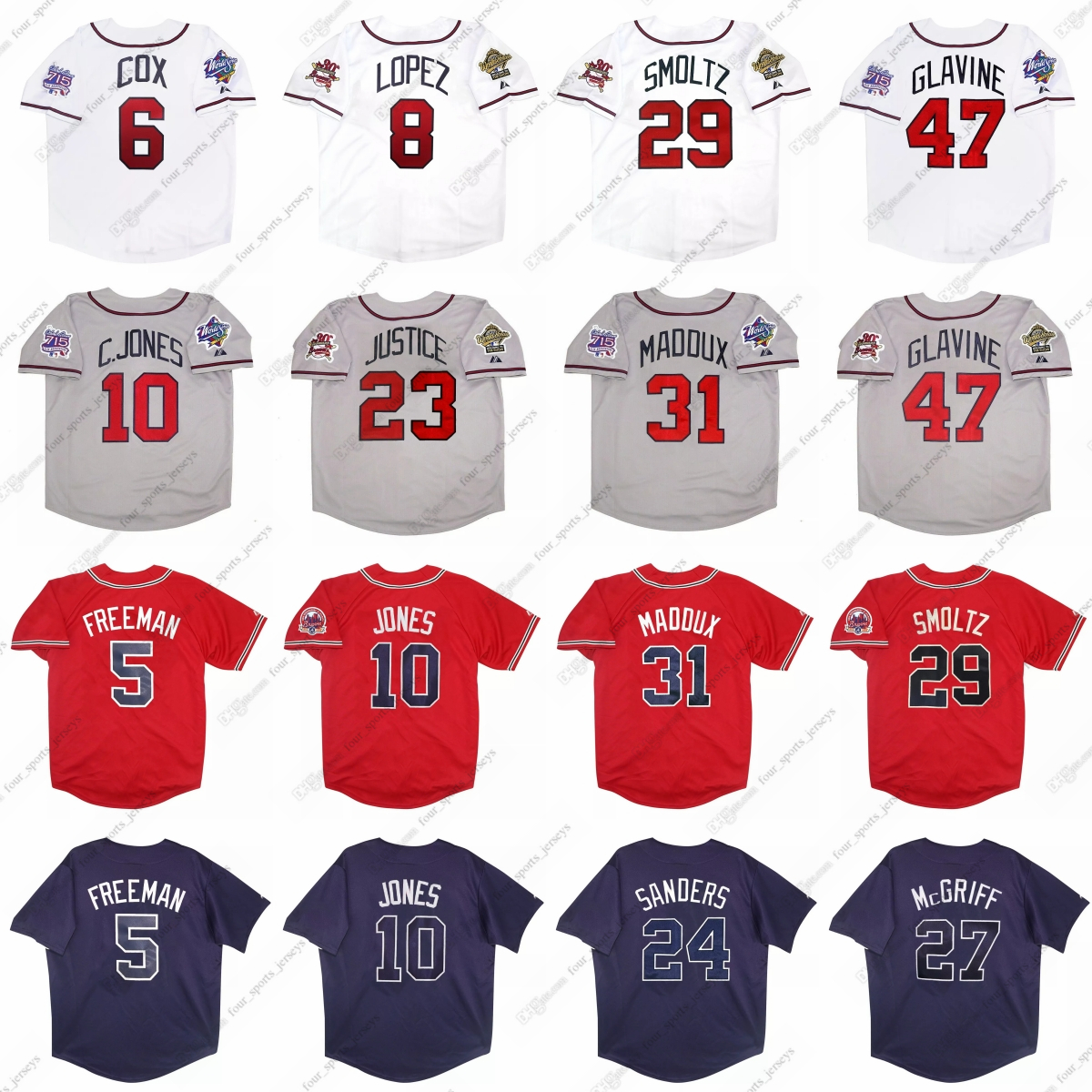 Braves baseball jersey 25 Andruw Jones 27 Fred McGriff 29 John Smoltz 31 Greg Maddux 44 Hank Aaron 46 Craig Kimbrel 47 Tom Glavine