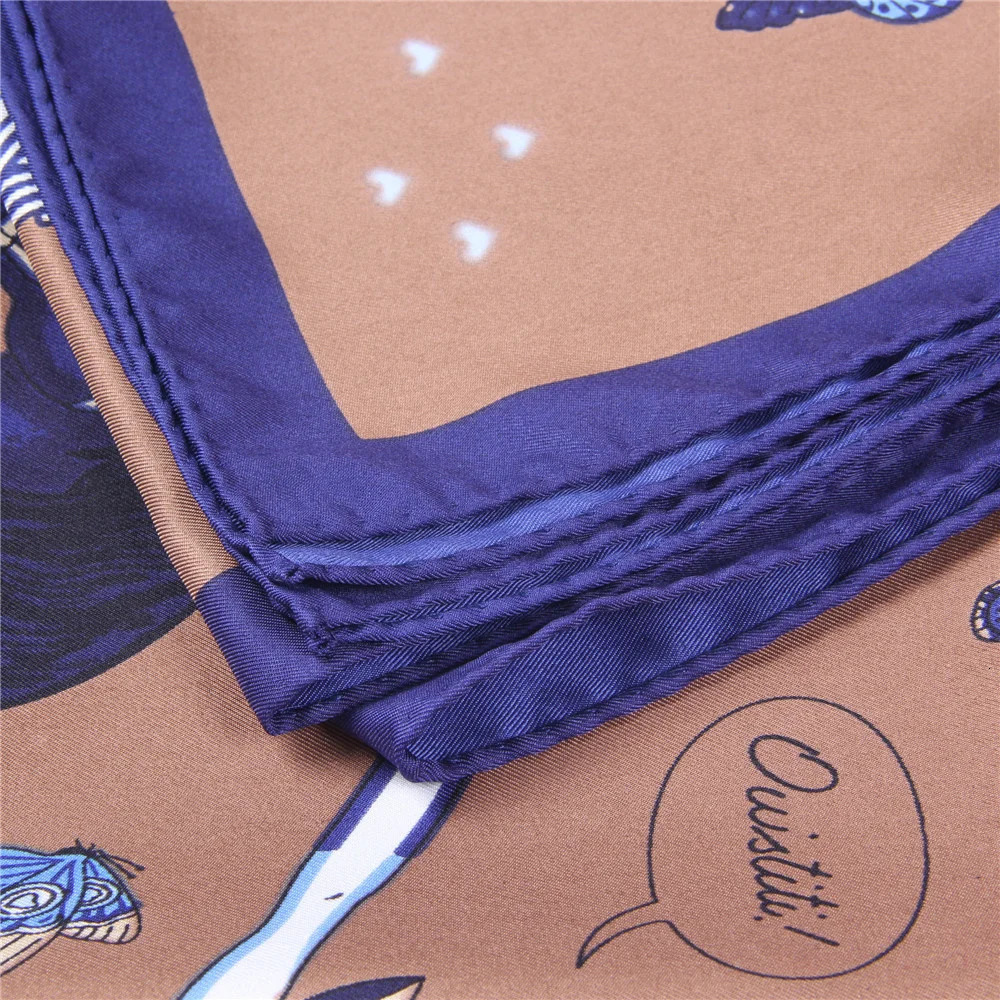 90CM Animal Party Handmade Curled Twill Silk Scarf Womens Curled Square Scarf Foulard Womens Baotou Scarf 250213