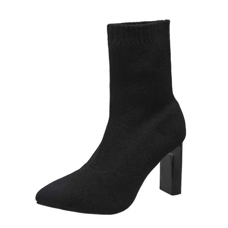 Womens Fi Heeled Ankle Boots Autumn Pointy Solid Color Streh Knitted Sock Boots Women Chunky Slip Shoes Plus-size 43XJ250217