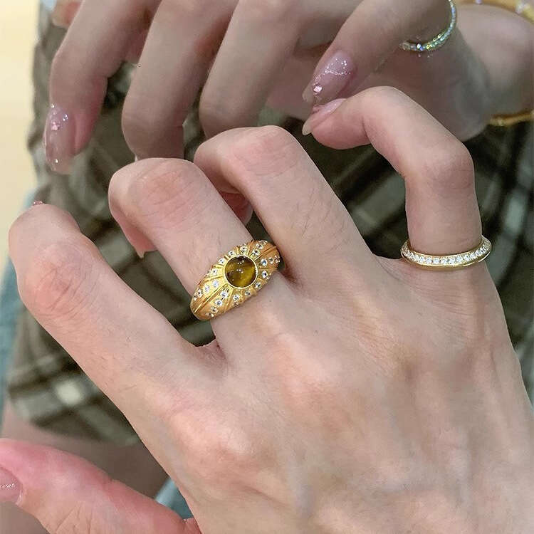 Tiqi S pure silver antique style tiger eye stone for women a high-end feel, slightly inlaid with sparkling zirconium wide version index finger ring tr