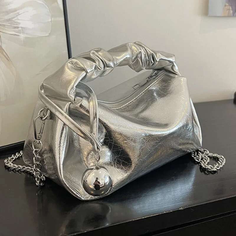 Sier PU leather women chain crossbody 2024 High quality pleated handbag Fashion pillow bag