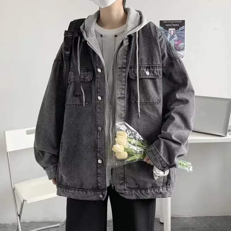 Trendy Hong Kong Style Versatile TwoPiece Illusion Hooded Denim Jacket Casual Loose Fit For Men And Youths Working Clothes 250210