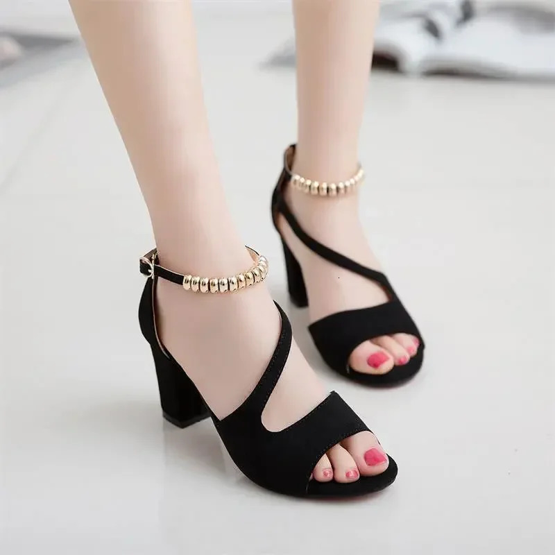 2024 Spring Summer Sexy Fish Mouth Hollow Roman Sandals Thick With Word With Beaded High Heels Female Summer Sexy Female Sandals 250217