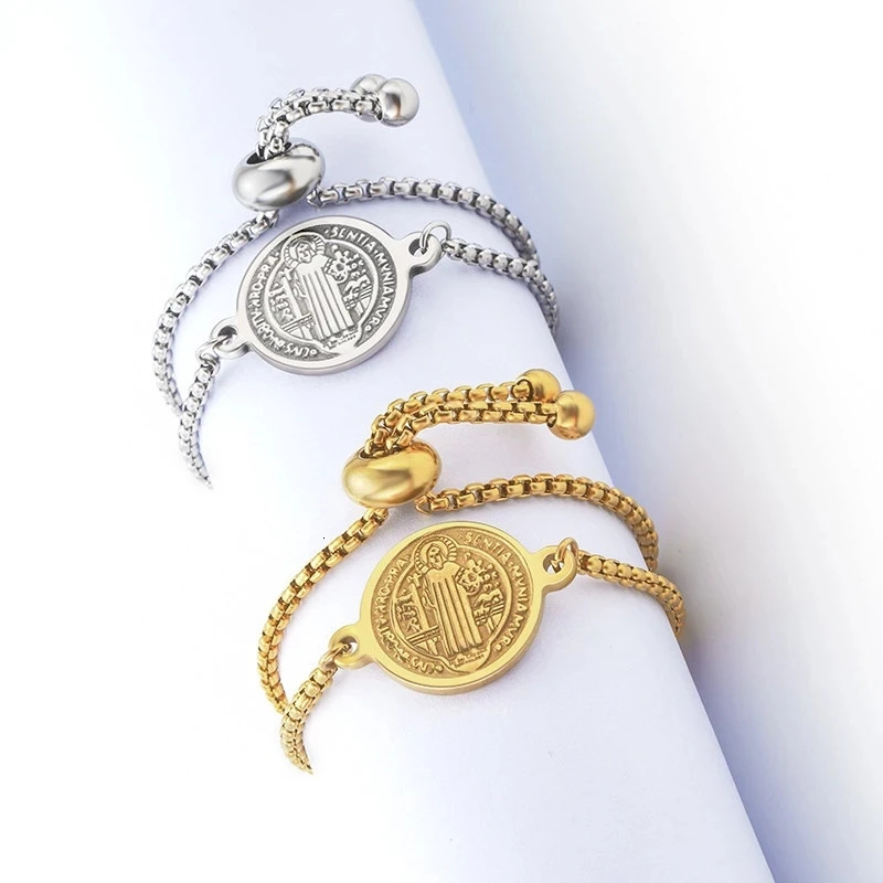 Stainless Steel St Benedict Medal Bracelet Metal San Benito Adjustable Box Chain Bohemia 250213