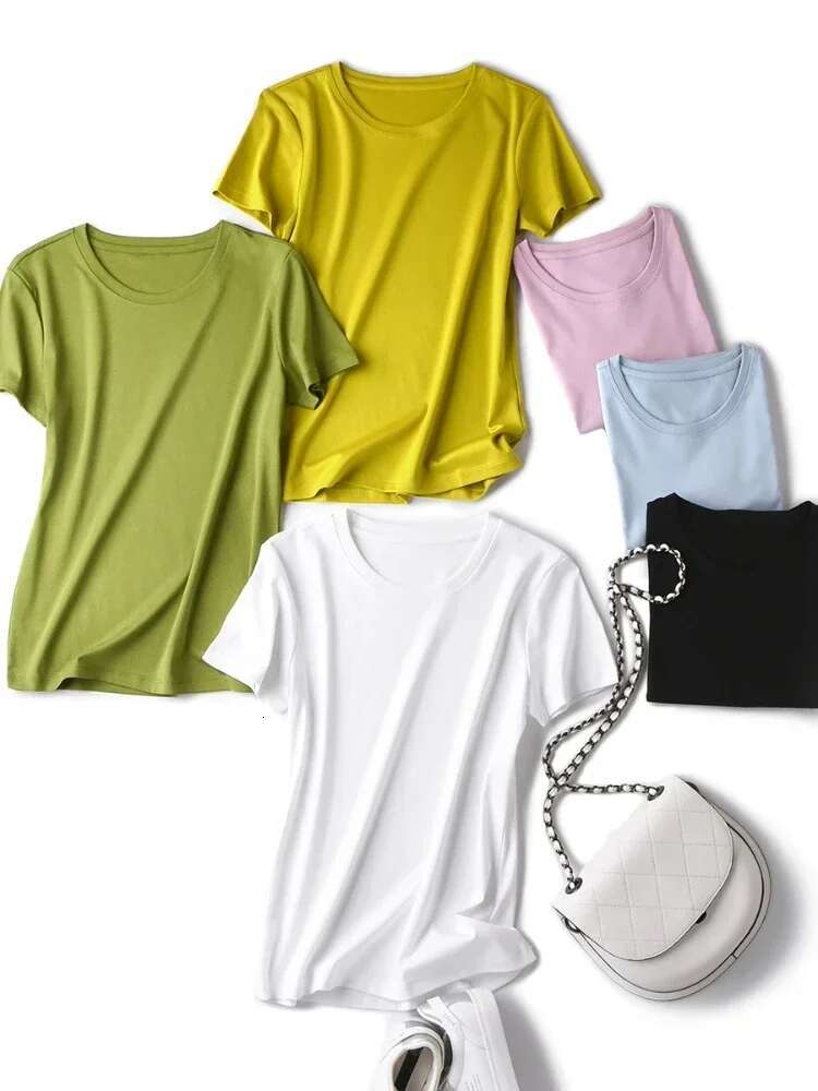 Summer 80 Thread Silk Cotton Fashionable Short Sleeved Tshirt For Women's Casual Basic V-neck T-shirts Solid Color Plus Size Tops Designer T Shir