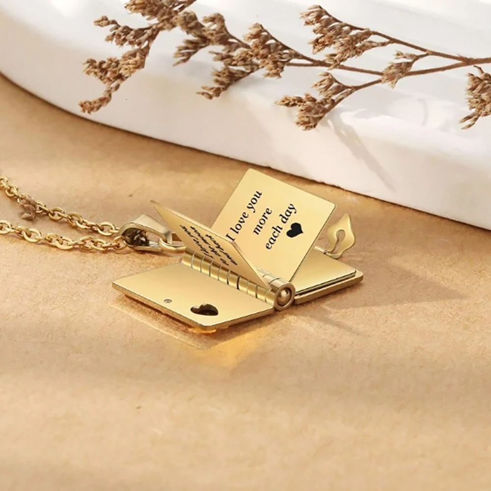 Stainless Steel Book Pendant Necklace Openable Engrave Personalized Custom Multipage Words Jewelry Gift 250214