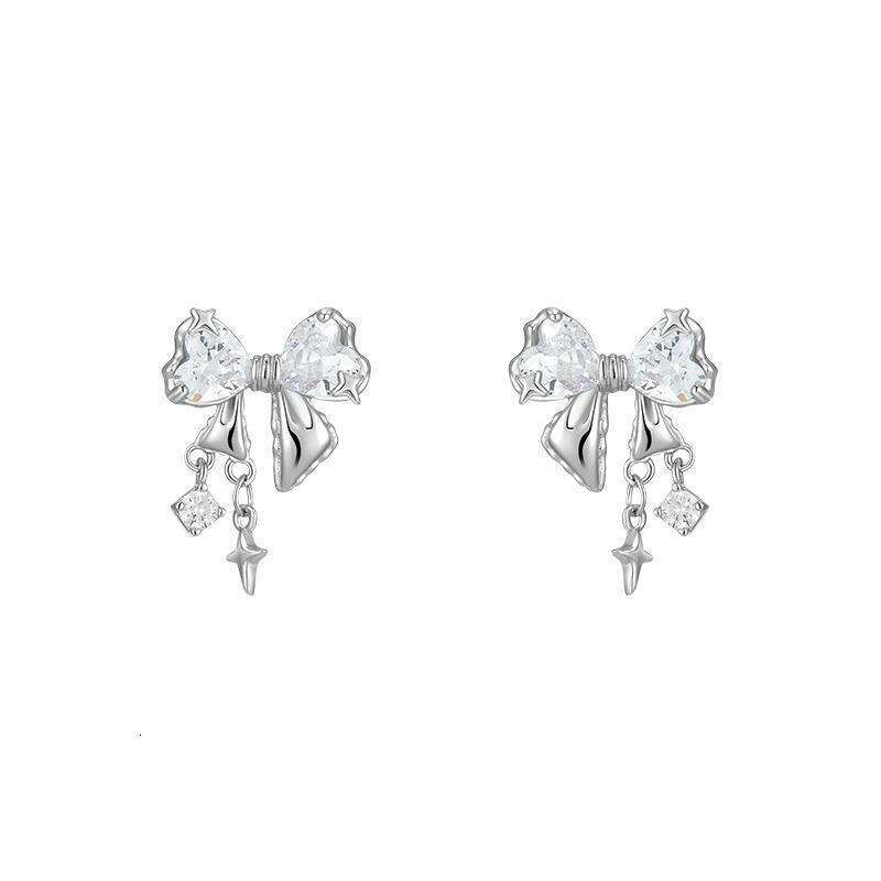 Tiqi S pure sier, light , high-end feeg, dia studded bow necklace, women's niche design, star tassel earrings