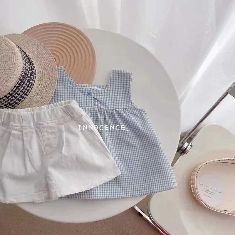 Girls clothing set summer childrens casual clothing girls checkered belt+white shorts childrens baby clothing W250218