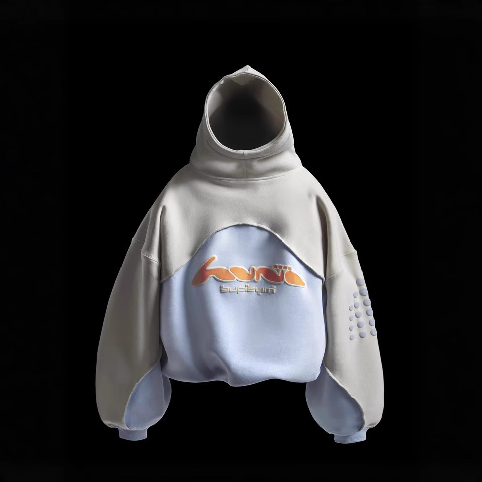 American style trendy casual street color blocked letter foam printed hooded sweatshirt 241206