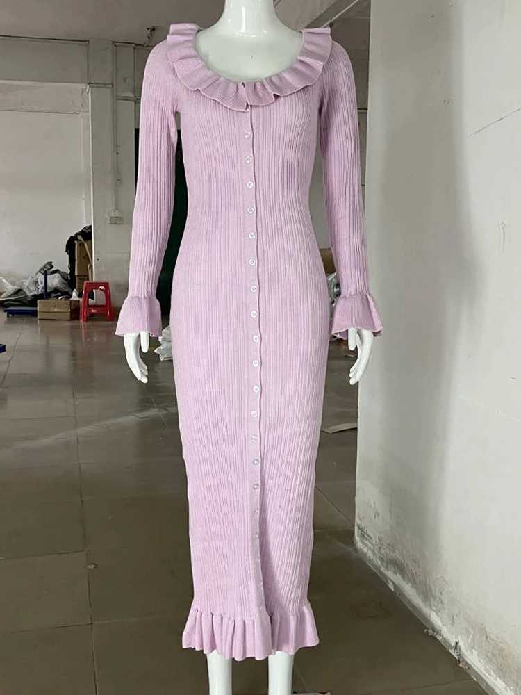 Basic Casual Dresses Fantoye Turn-down Collar Ruffles Women Maxi Dress Flare Slve Single Breasted Dress Female Autumn Elegant Party Clubwear H25217