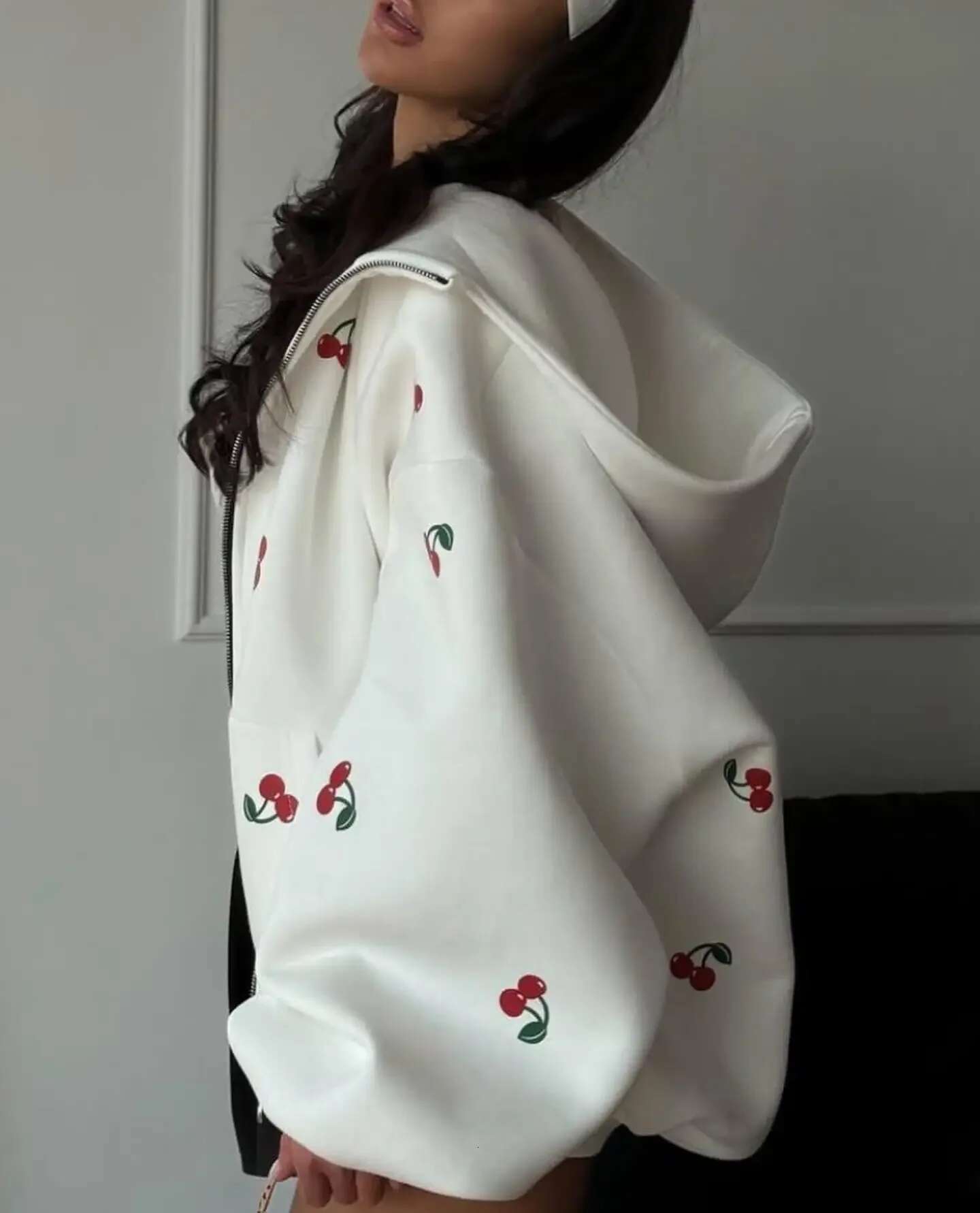 Fresh Style Fashionable Cherry Pattern White Zipper Hoodie Y2k Haruku Versatile Women's Autumn New Sweatshirt