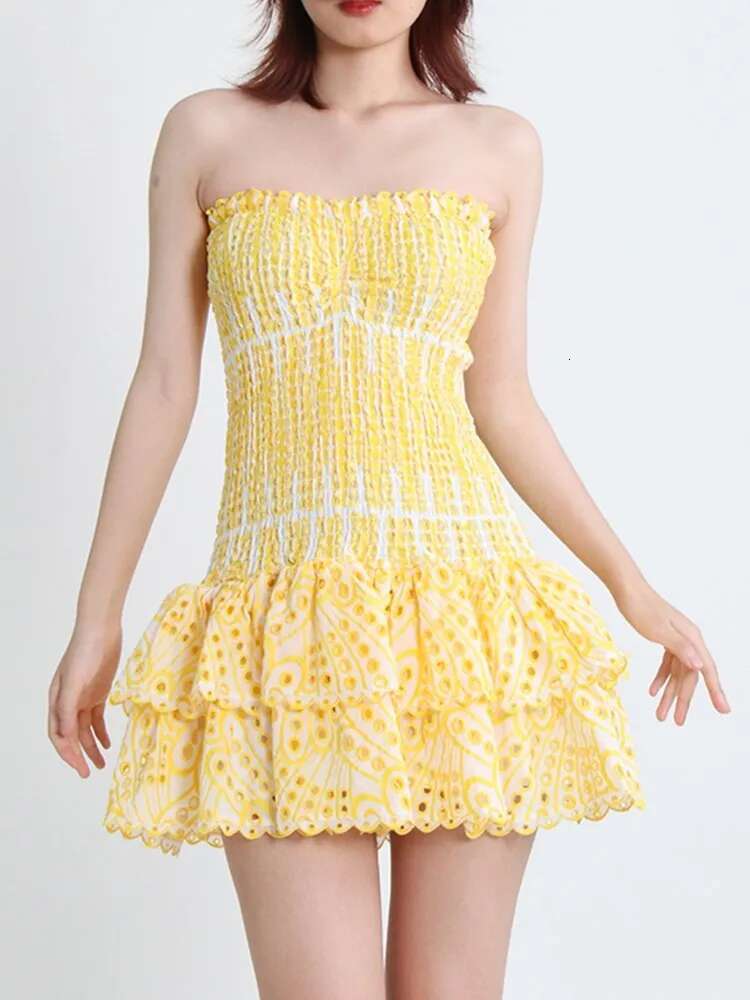 KBQ Embroidery Off Shoulder Sexy Dresses For Women Strapless Sleeveless High Waist Ruched Hollow Out Dress Female Fashion New