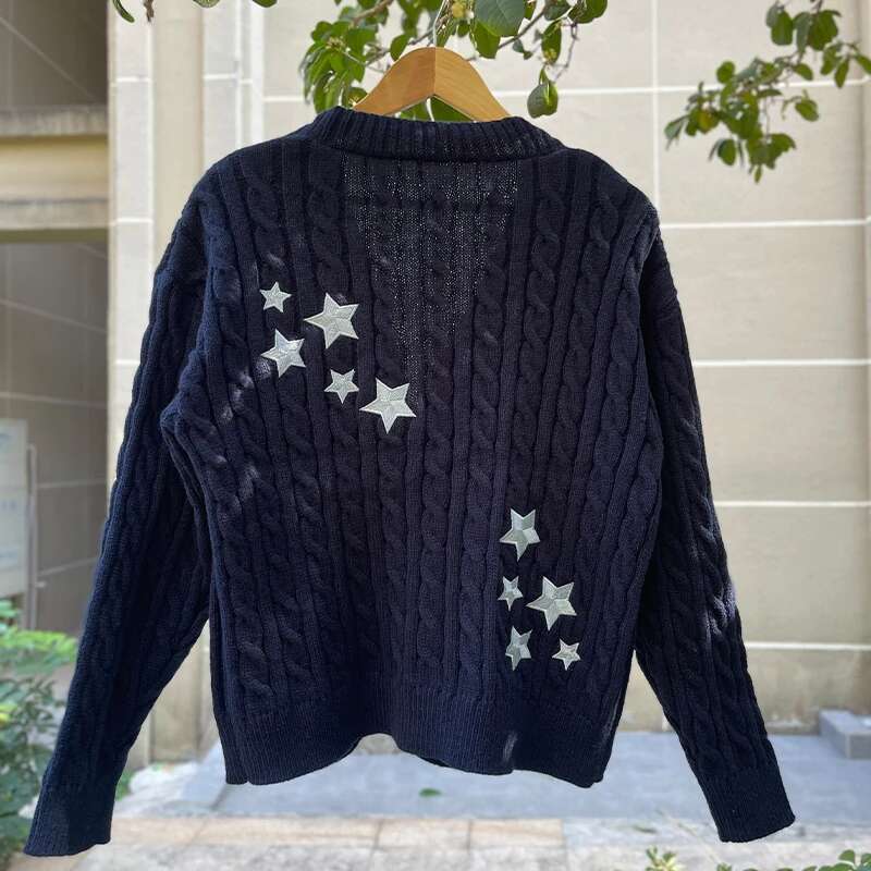 Spring Navy Blue Midnight Knitted Cardigans Women Casual Comfortable Star Embroidery Single Breasted Sweaters