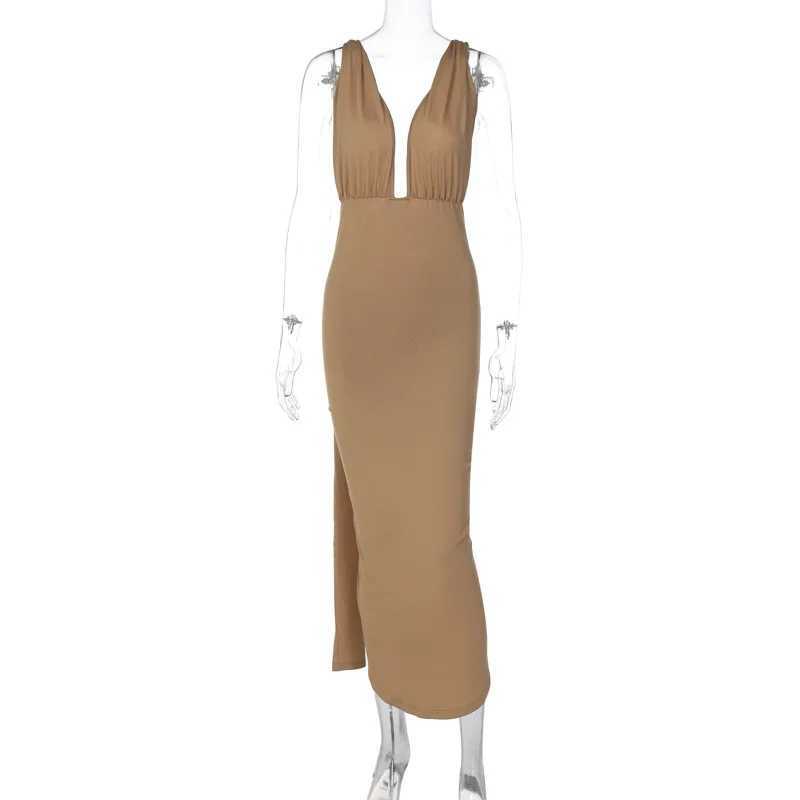 Basic Casual Dresses Lygens Backless Dp V Ruched Slit Slveless Midi Elegant WomenS Dresses 2024 Summer Evening Party Club Prom Casual Clothes H25217