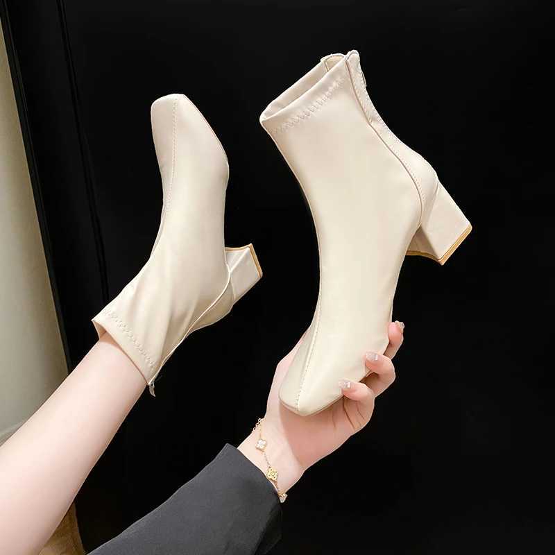Womens Thick Heel Medium Heel Boots Womens 2024 New Winter Square Toe Back Zipper Increased Casual Short BootsXJ250217