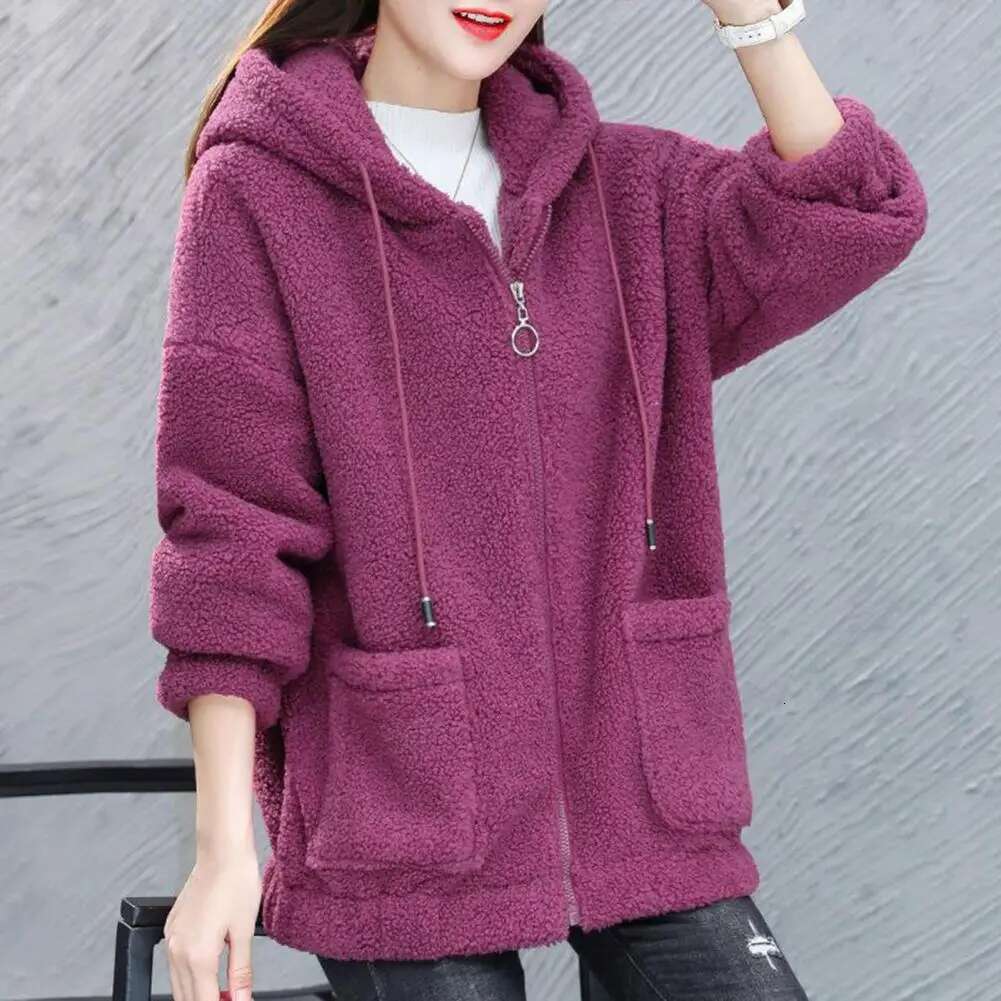 Women Autumn Winter Hooded Drawstring Coat Long Sleeve Pockets Zipper Placket Thick Plush Cardigan Outwear Streetwear
