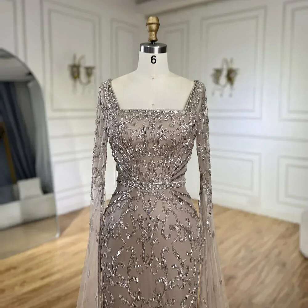 Caramel Arabic Mermaid Long Evening Dress With Beaded Cape Sleeves Gown Evening Party Customize