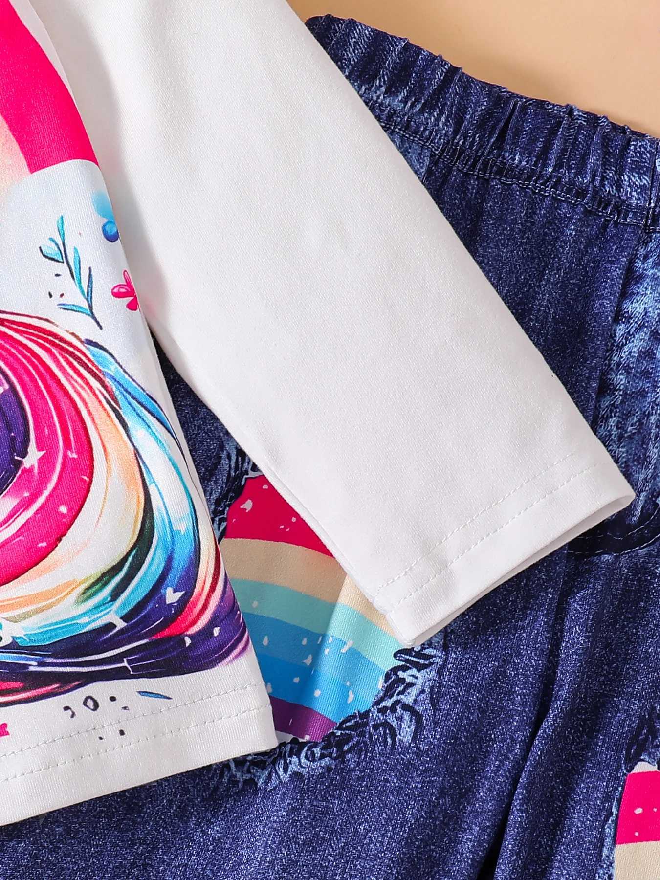 Girls spring and autumn new childrens fashion outdoor casual 2-piece round neck print long sleeve blue slim pants suit W250218