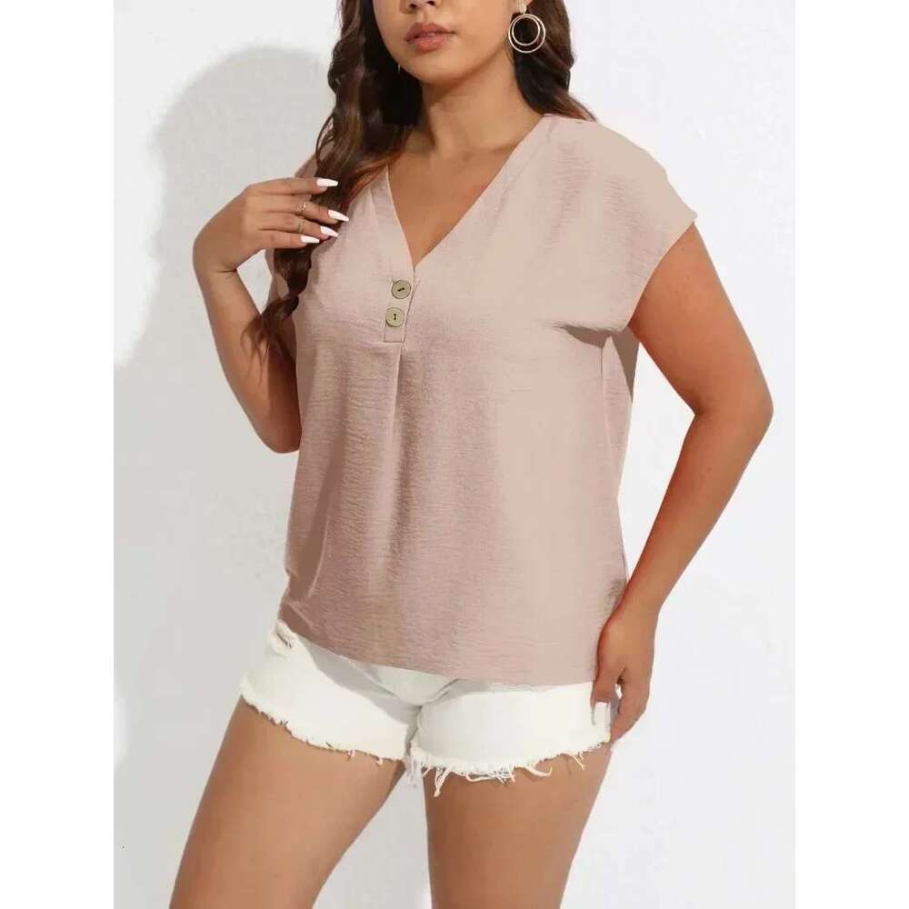 Women's 1Xl-8Xl Plus Size Casual Solid Color V-Neck T-Shirt With Buttons Short Sleeved Top Bat Sleeve Loose Shirt