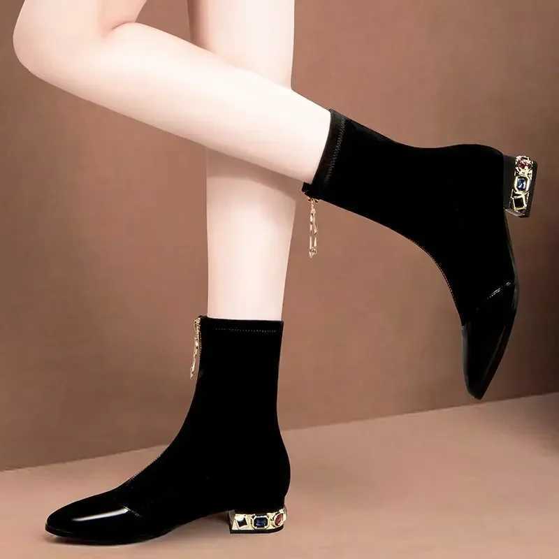 Women Shiny Sequin Ankle Boots Winter Fi Pointed Frt Zipper Rhine Square Heels Short Boots Motorcycle ShoesXJ250217