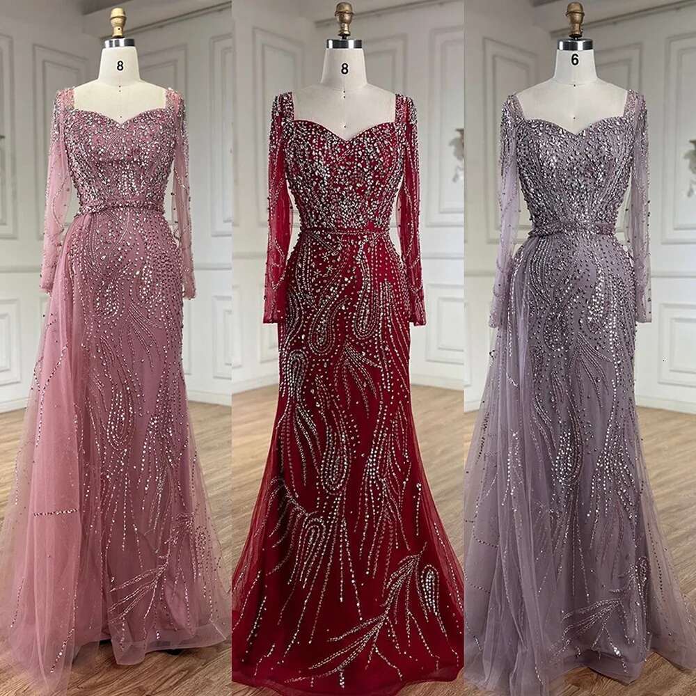 Pink Arabic Elegant Mermaid Overskirt Beaded Long Evening Dresses Gowns Customize Evening Party