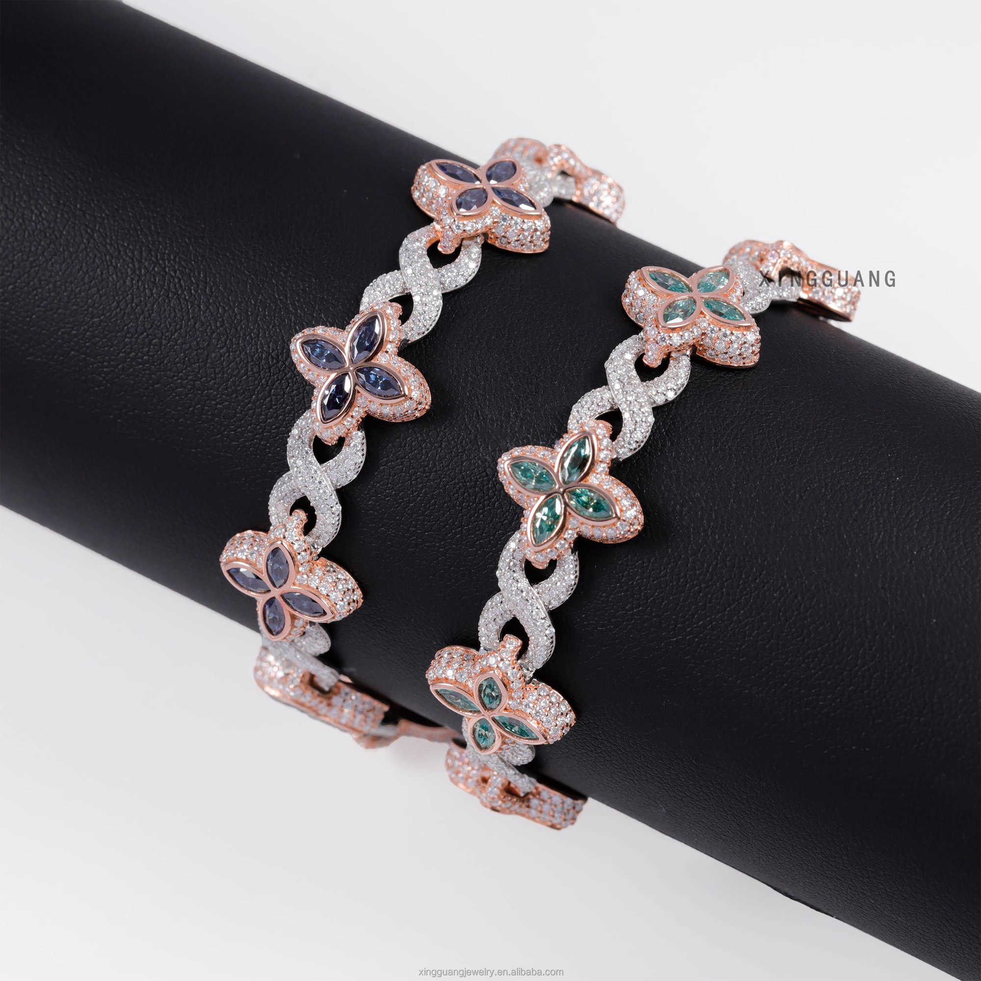 Hot Selling 12MM 925 Sterling Silver Cuban Clover Bracelets Iced Out Hip Hop Infinity Colored Moissanite Cuban Bracelet