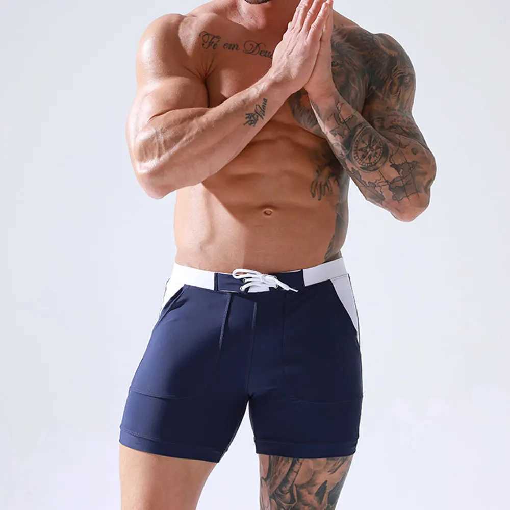 Mens elastic swim trunks quick drying swimsuit beach shorts with pockets surfing swimsuit water sports pants M250218