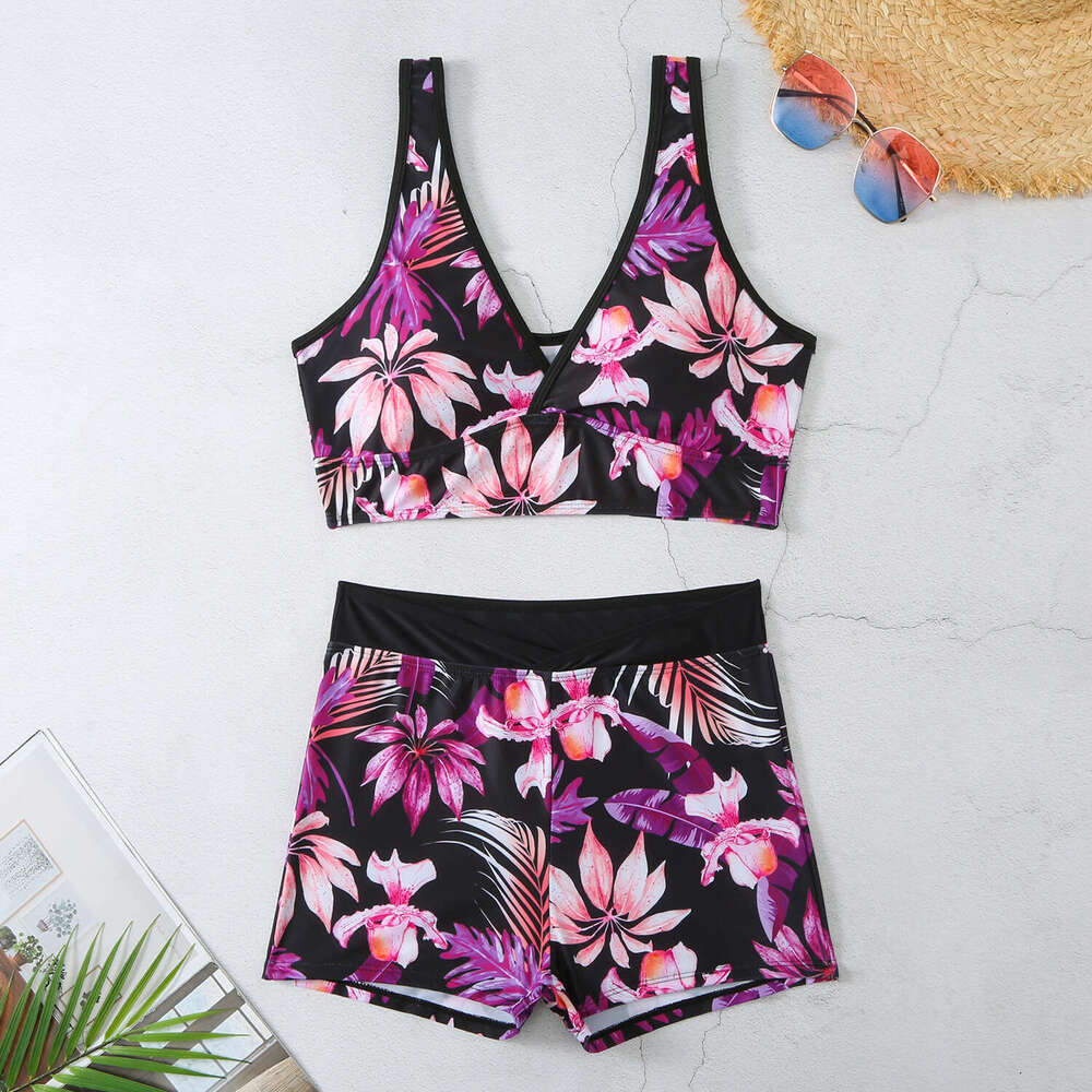 7 Colors European and American Printed V-neck Flat Pants Women's Split Bikini Swimsuit 2025 New Casual Versatile Fashion Clothing