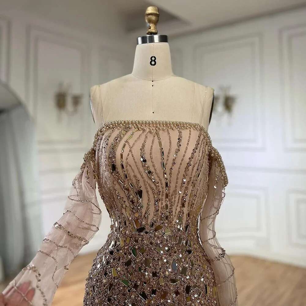 Gold Arabia Mermaid Beaded Off Shoulder Dubai Evening Dresses Gowns Evening Party Customize
