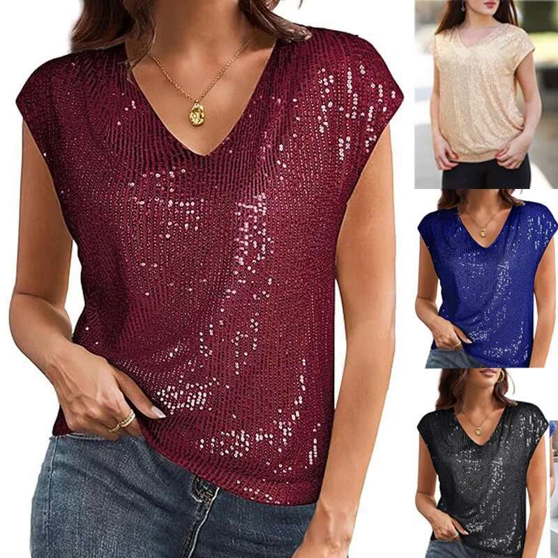2025 New Women's T-shirts Fashion V-neck Sequin Solid Color Short Sleeved Designer T Shirt Black And Red Casual Office Women's Basic Tops Ts