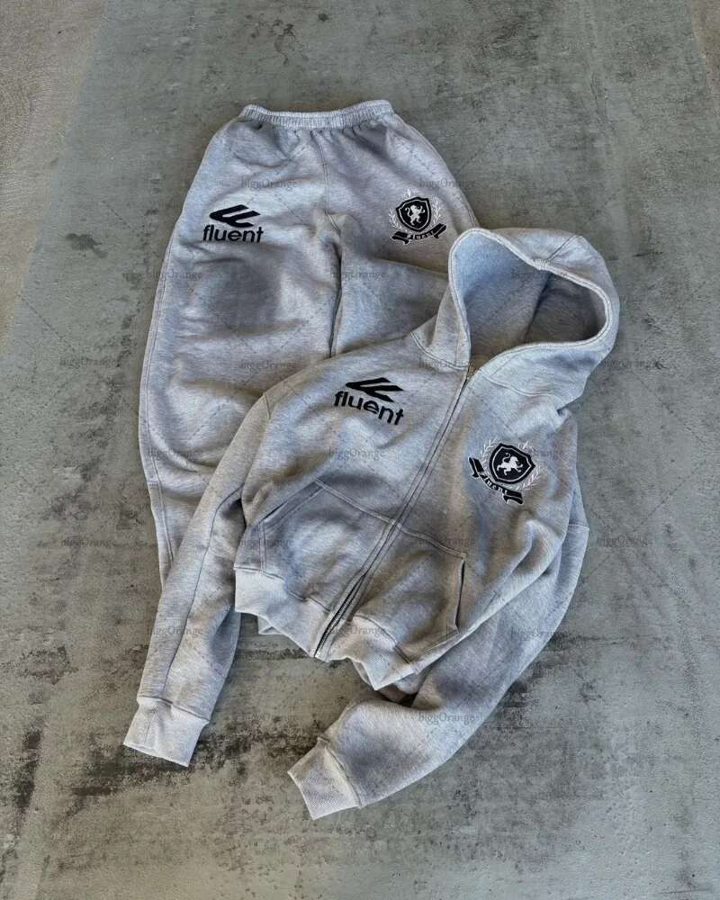 American Retro Letter Print Zipper Hoodie High Street Punk Haruku Casual Oversized Sweatshirt Men Trendy Brand Streetwear Suit