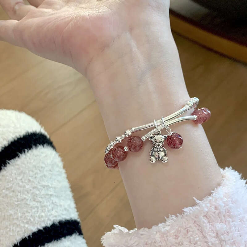 Tiqi Korean Double layer Strawberry Crystal Bracelet for Women S Pure Sier Vintage Bear Fashionable and Versatile Handmade Jewelry