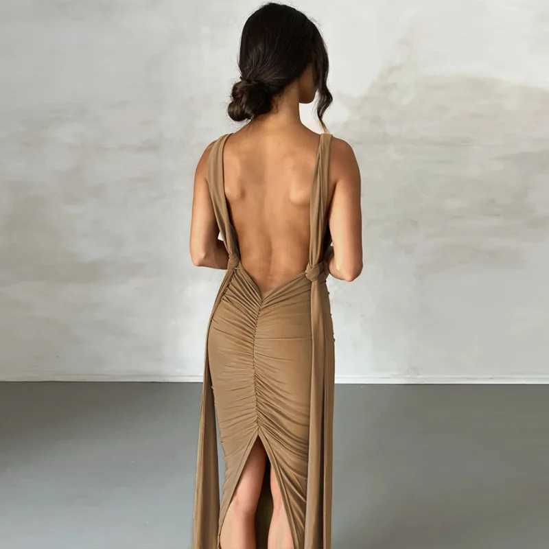 Basic Casual Dresses Lygens Backless Dp V Ruched Slit Slveless Midi Elegant WomenS Dresses 2024 Summer Evening Party Club Prom Casual Clothes H25217