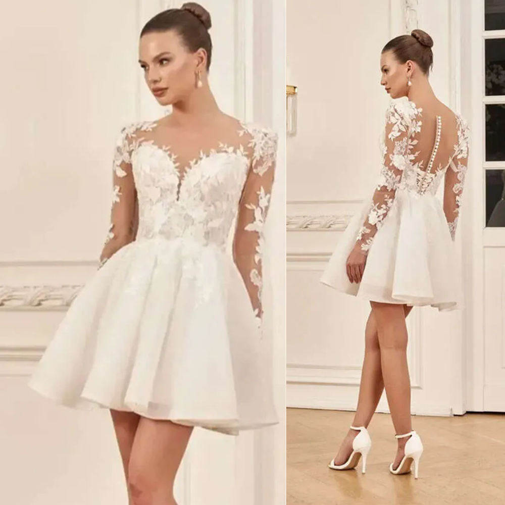 Short Wedding Dress Sheer Neck Buttons Back Lace Appliques Tulle Beach Bridal Bride Gowns Vestidos De Novia Mariee Appliques Customized