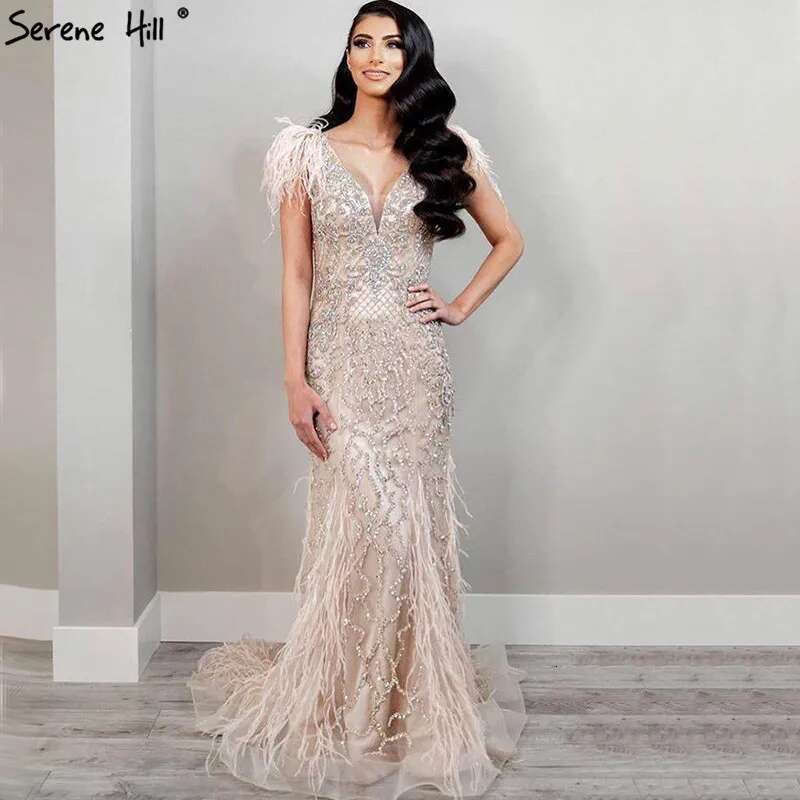 Dia Nude Feathers Sleeveless Sexy Mermaid Evening Dresses Formal Gown Elegant Customize BLA