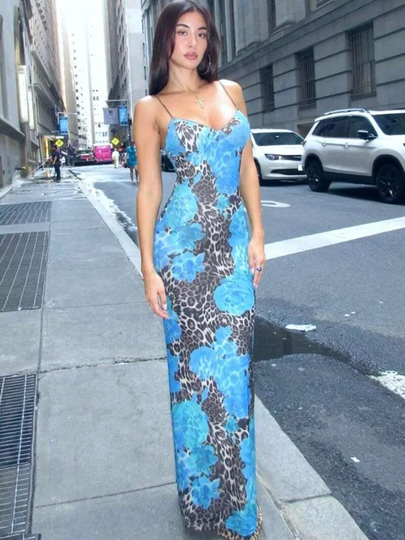 Woman Clothing Leopard Print Slip Dress Y2k Streetwear Sexy Sleeveless Backless Bodycon Ral Long Dresses Blue Party Vestidos