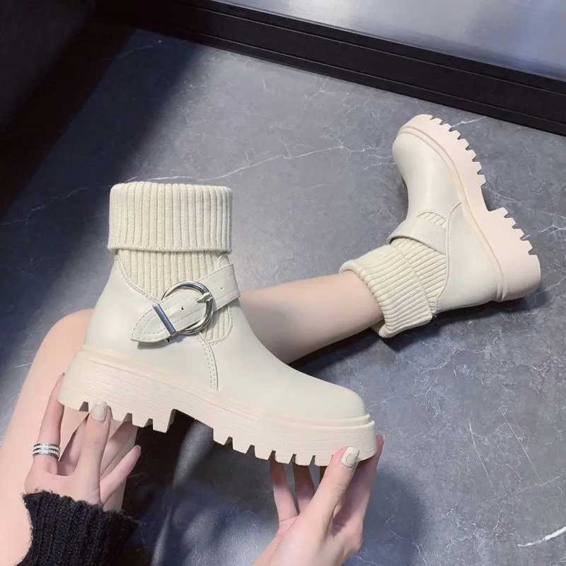 Short Shoes for Women Chunky Mary Janes Footwear White Booties Lolita Sock Female Ankle Boots Platform Elastic Trend 2024 New InXJ250217