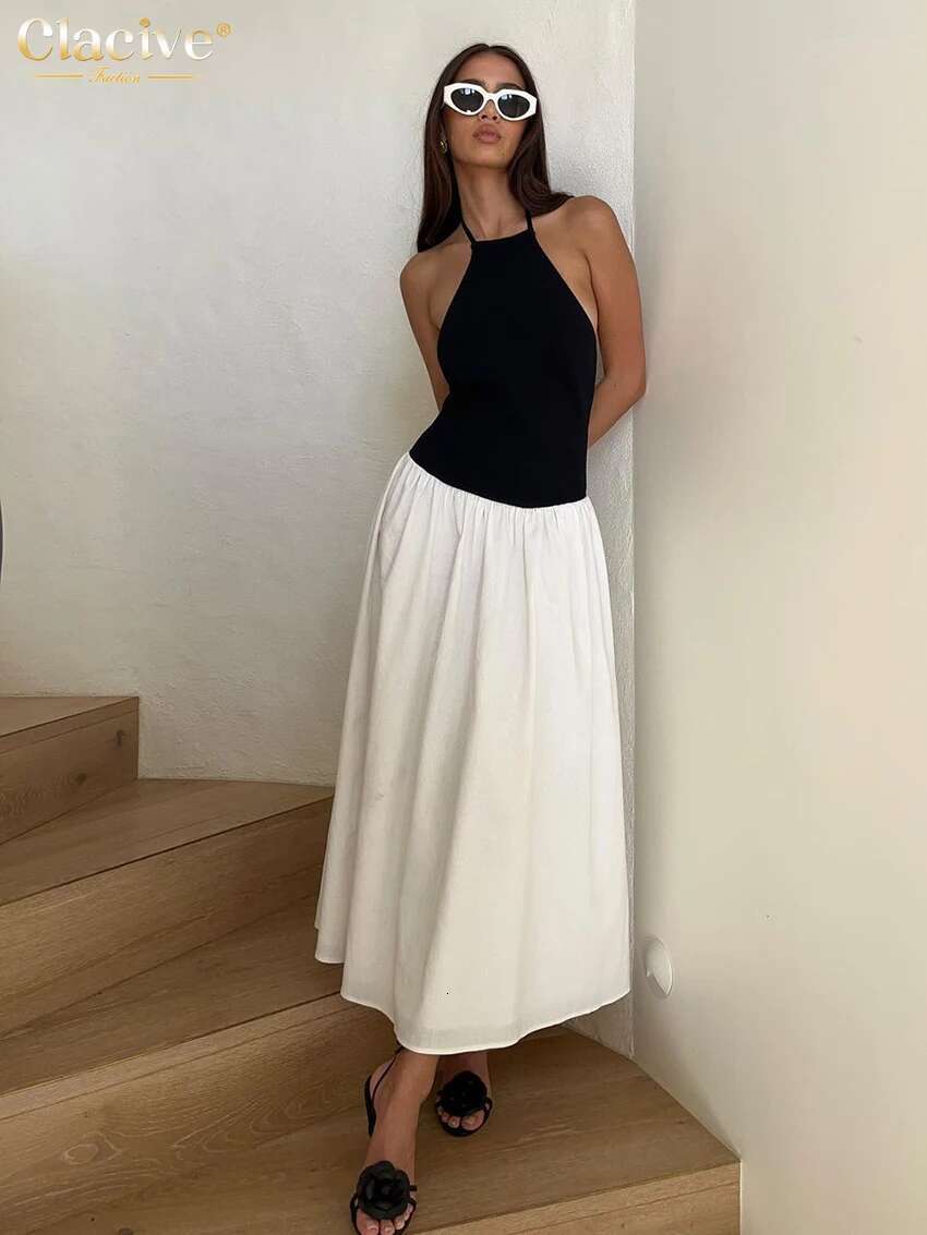 Clacive Summer Slim Patchwork Women's Sexy Halter Sleeveless Ankle Length Dresses Elegant Classic Pleated Female Dress