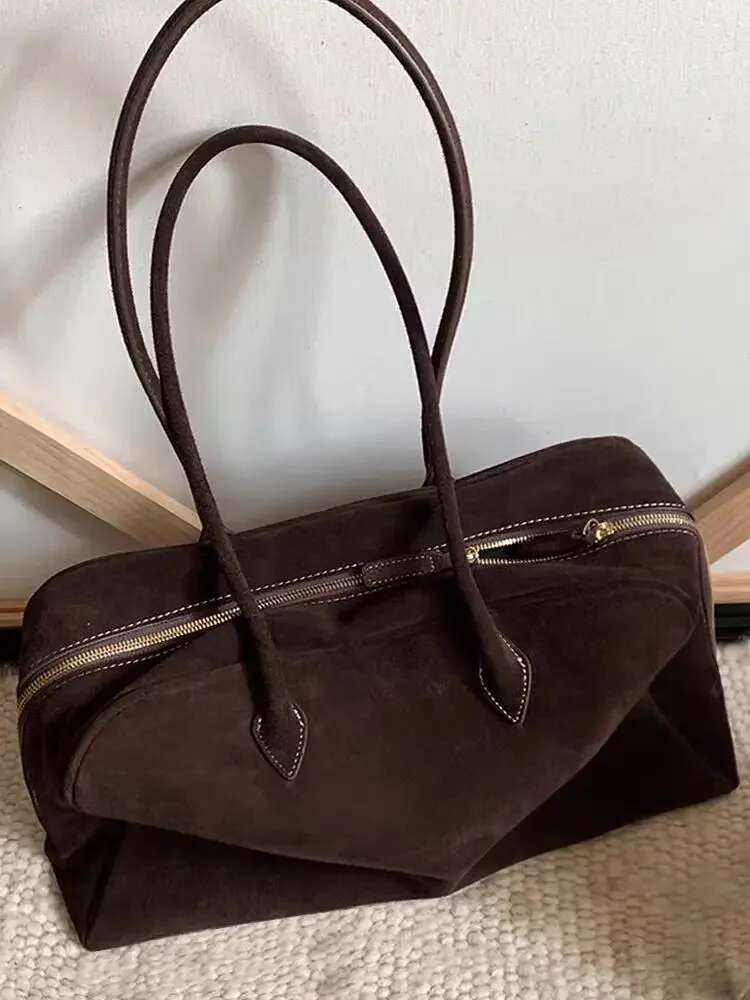 New Design Matte Coffee Color Toast Shape Bowg Tote Real Suede Leather Women Long Handle Handbag Wear-Resistant