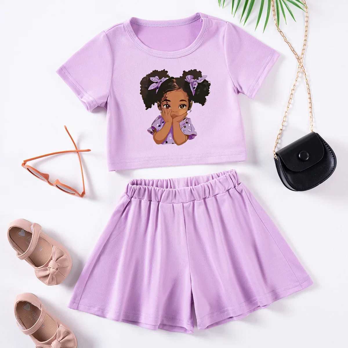 Summer Girls Printed Set Toddler Girls Cute Printed Short Sleeve Shorts Two Piece Comfortable Fashion Set W250218