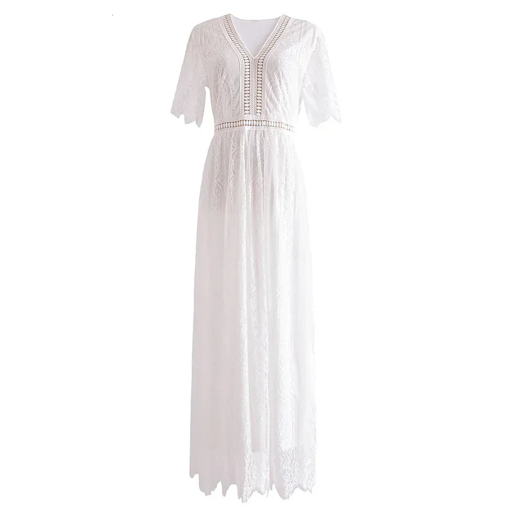 Happie Queens Fashion Women Deep V-neck Lace Hollow Out Bohemian Maxi Dress Vintage Lady White Boho Dresses 250213