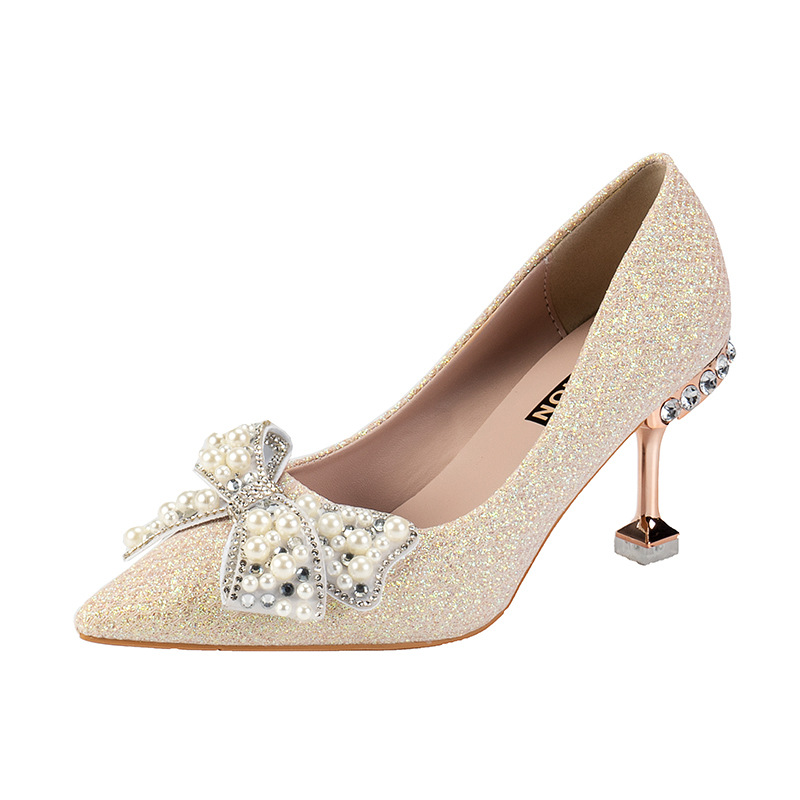 new dress shoes Thin heeled pearl butterfly shallow high-heeled shoes for women sandals slippers slides